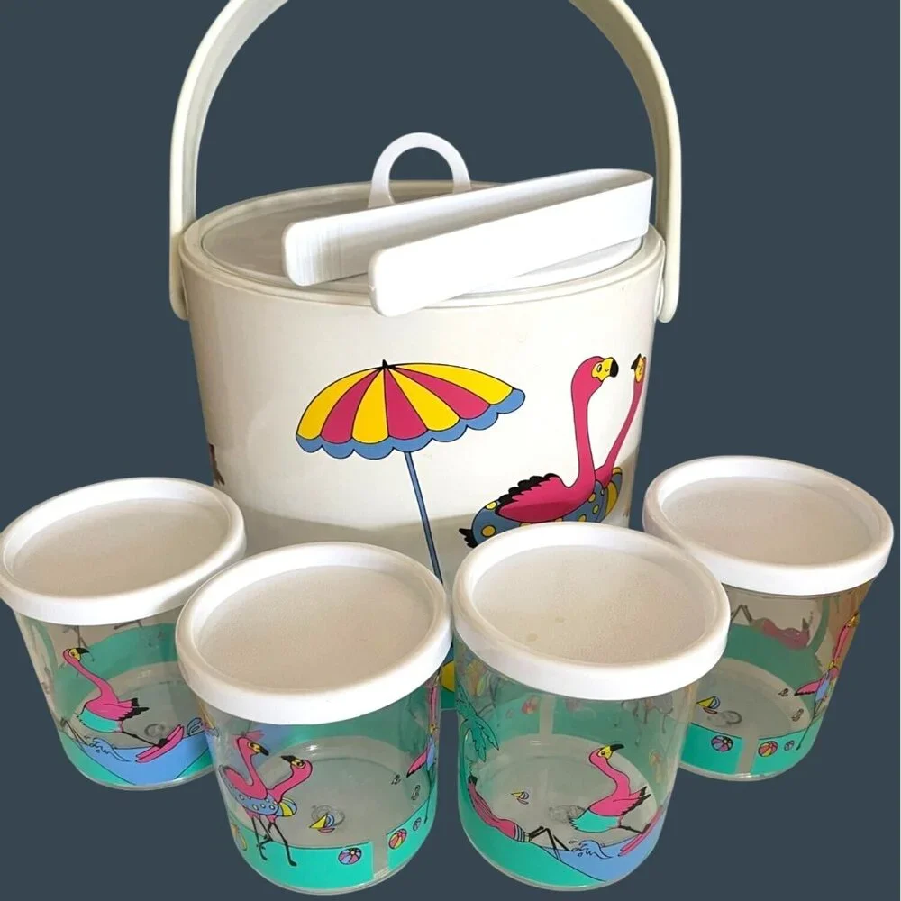 Retro Pink Flamingo Ice Bucket Barware Drink 10 Pc Set Tumbler Glasses Vintage